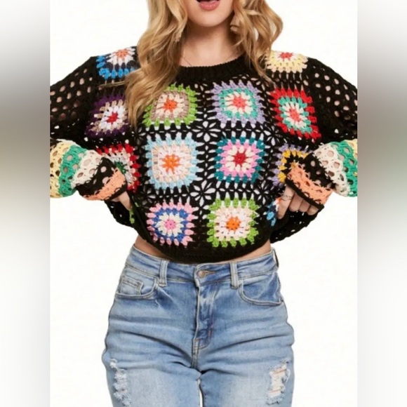 ADORA Sweaters - BLACK Granny Square Cropped Sweater